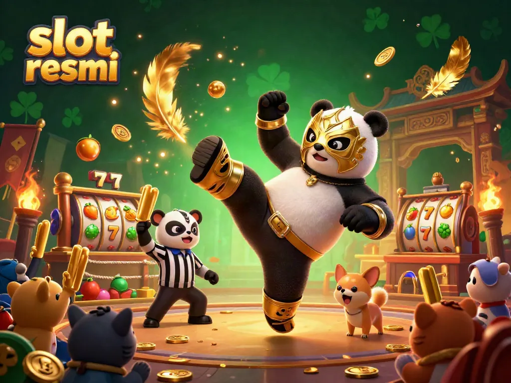 Slot resmi dinamis dengan panda pegulat dan penonton hewan, suasana kasino yang meriah.