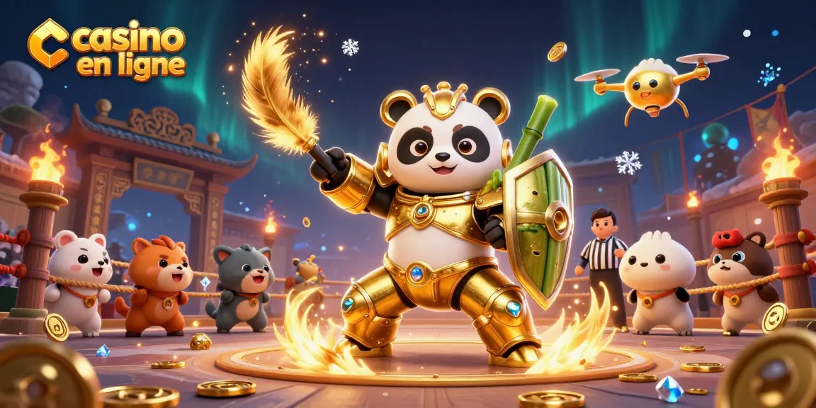 Plongez dans une aventure de casino en ligne avec un panda doré en robot, entouré de spectateurs animaliers.