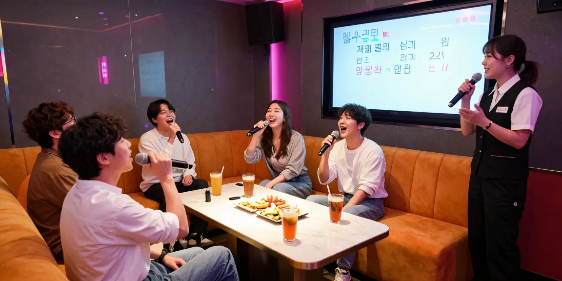 Group enjoying 제주유흥 in a vibrant karaoke room with neon lights.