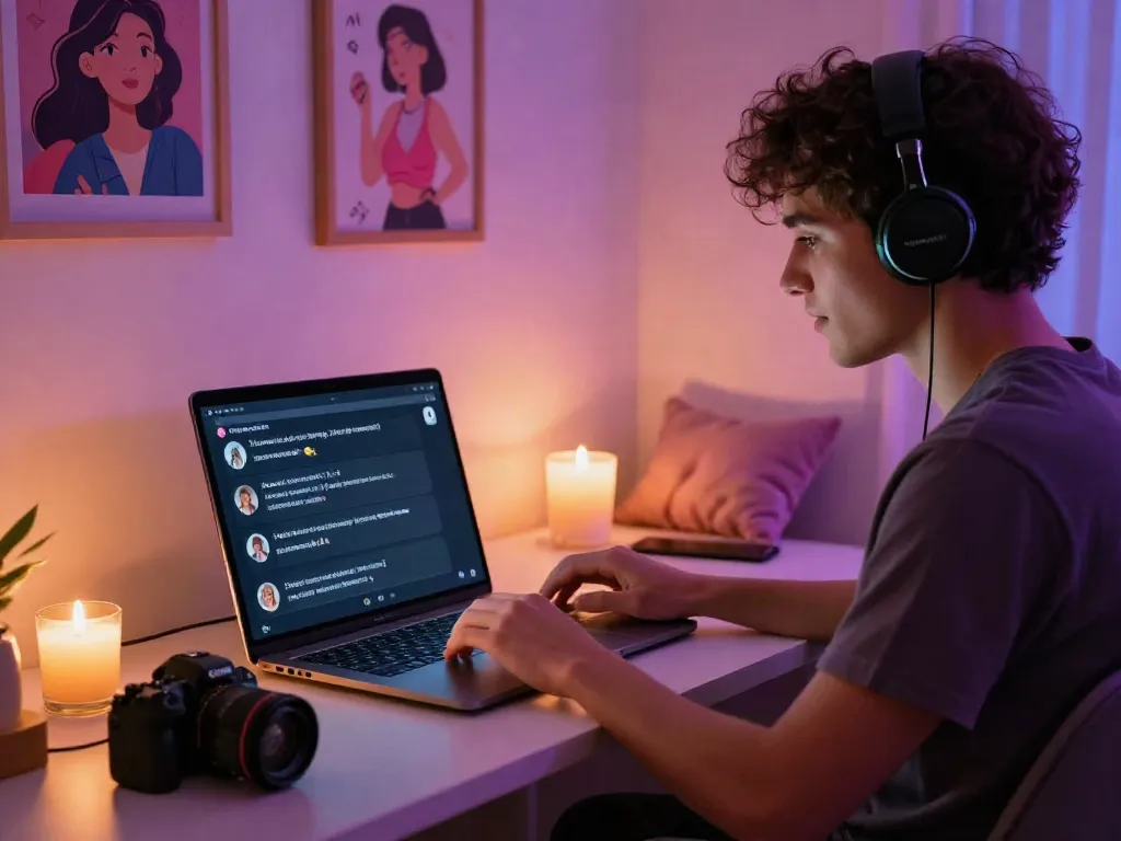 Engaging in ai sexting on a laptop in a cozy digital chat room atmosphere.