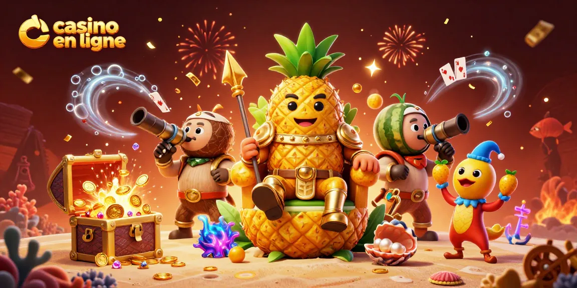 Illustration attrayante représentant un casino en ligne animé avec le roi ananas et ses gardes.