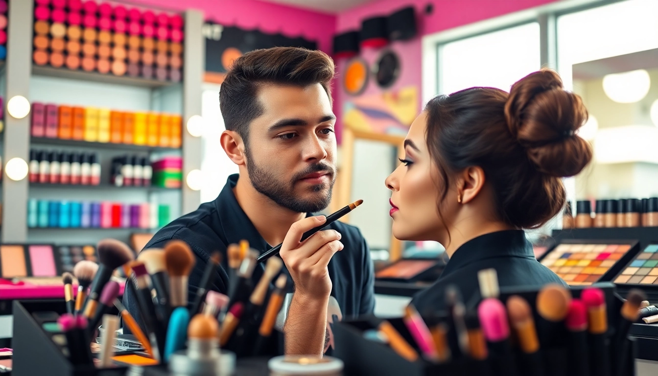 Apply makeup wholesale supplies in a bustling beauty studio full of vibrant colors