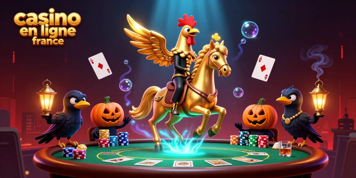 Illustration animée de casino en ligne France avec un coq doré étonnant et des éléments de poker vibrants