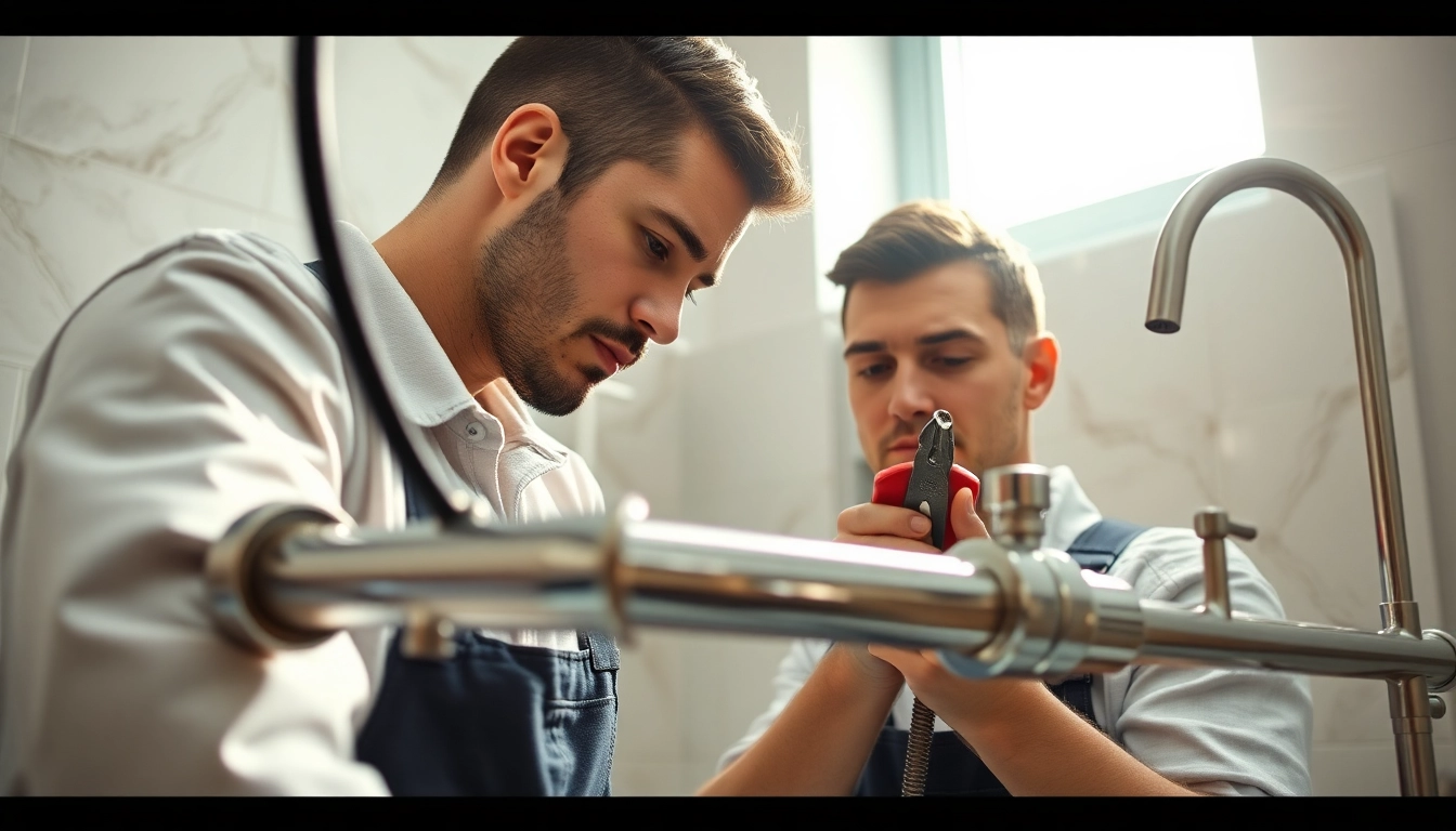 Professional plumber repairing a pipe in a contemporary bathroom with tools.