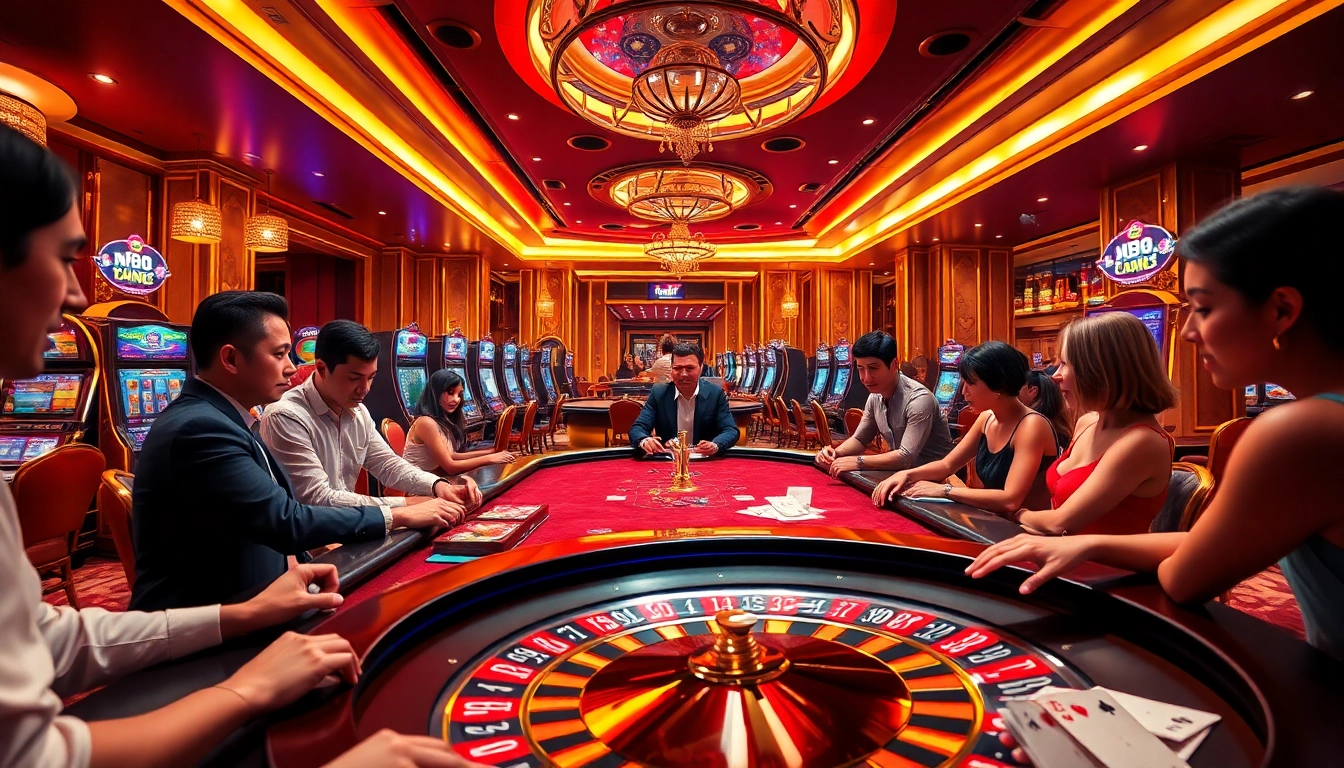 Engaged players enjoy a thrilling mm88 poker game at a luxurious casino table, surrounded by vibrant gaming elements.