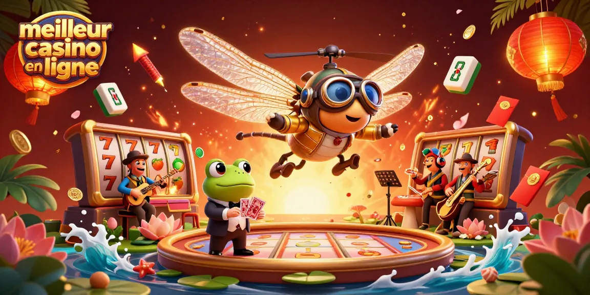 Plongez dans l'univers du meilleur casino en ligne avec un pilote libellule et un croupier grenouille.