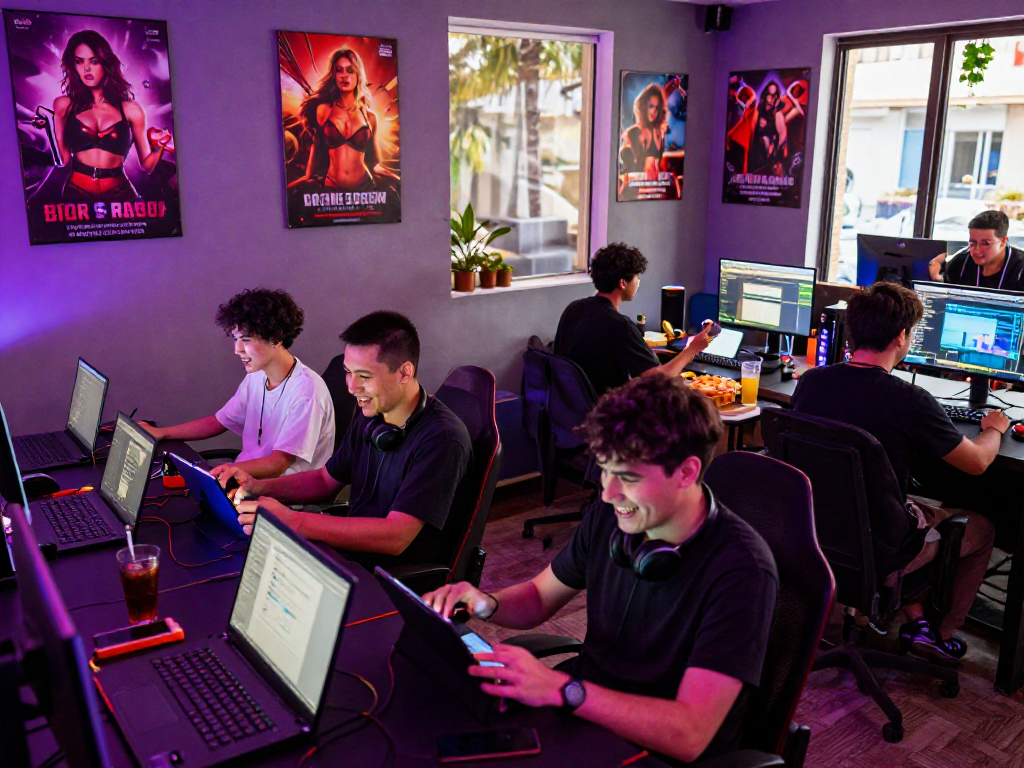 Exciting gaming lounge scene showcasing players engaged in porngame on various devices.