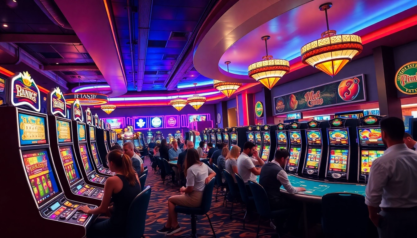Akses login totoplay88 terbaru on a lively casino gaming floor with vibrant slot machines.