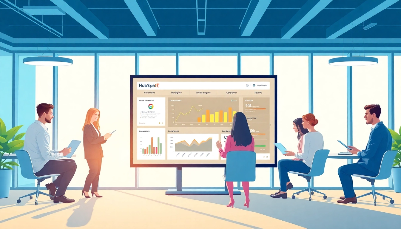 Engaged team analyzing hubspot free strategies in a bright, modern workspace.