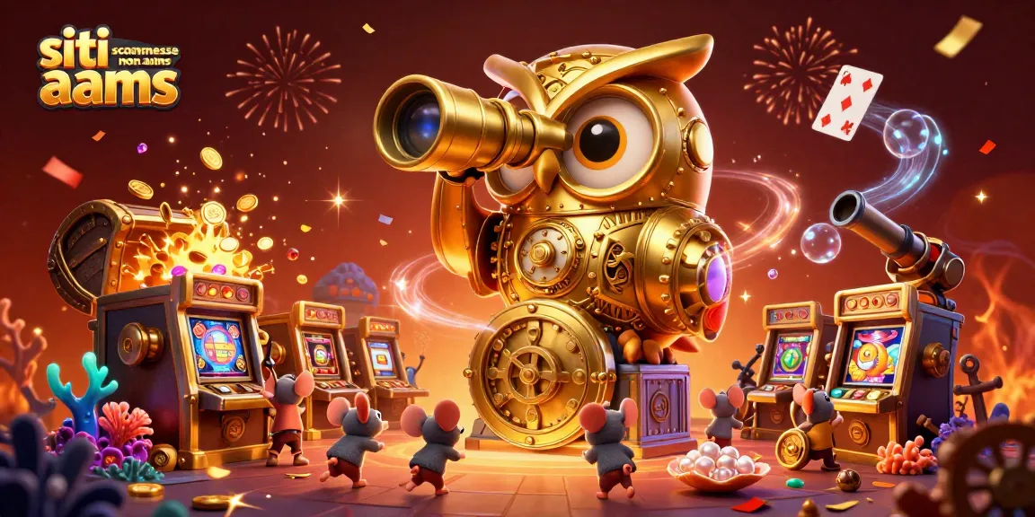 Siti scommesse non aams, la sorprendente illustrazione di un gufo d'oro che sorveglia un casinò affollato con dettagli festivi e atmosfere di gioco.