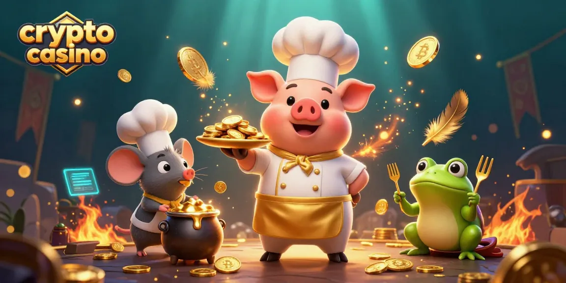 Illustration d'un casino crypto avec des personnages animés et des pièces d'or.