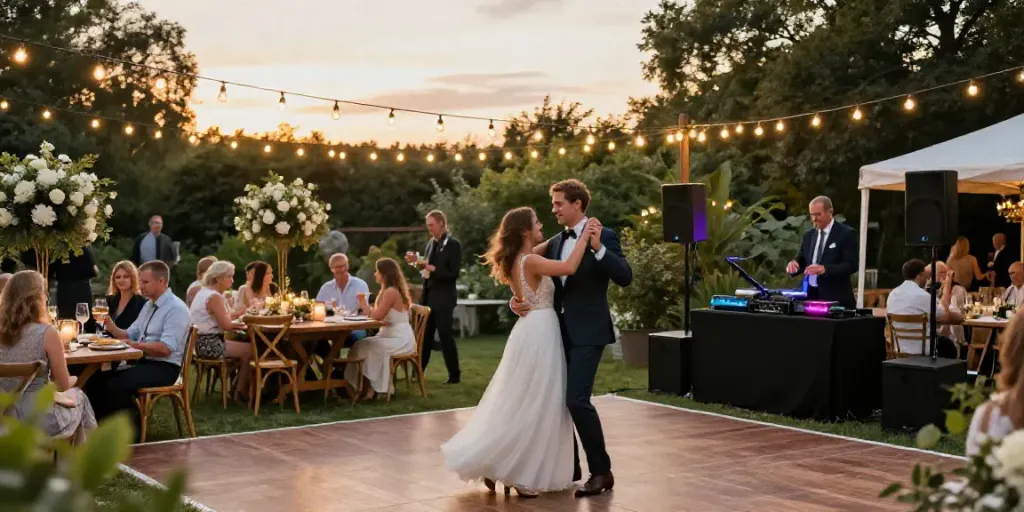 hochzeit DJ berlin brandenburg creating a joyful outdoor wedding reception atmosphere with guests dancing and elegant decor.