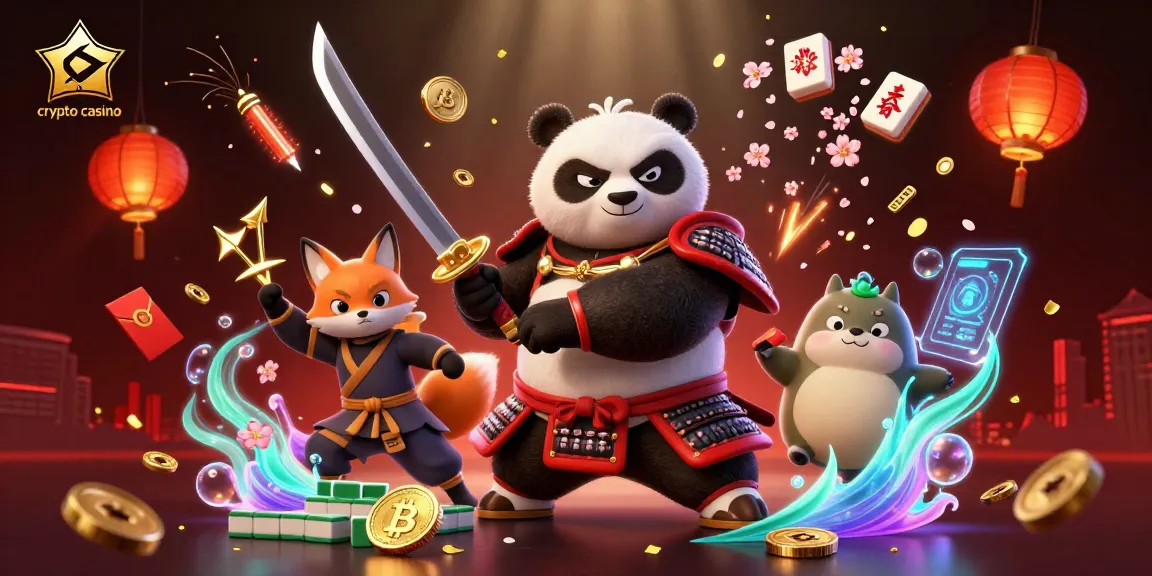 Illustration dynamique de casino crypto réunissant un panda samouraï et un renard ninja.