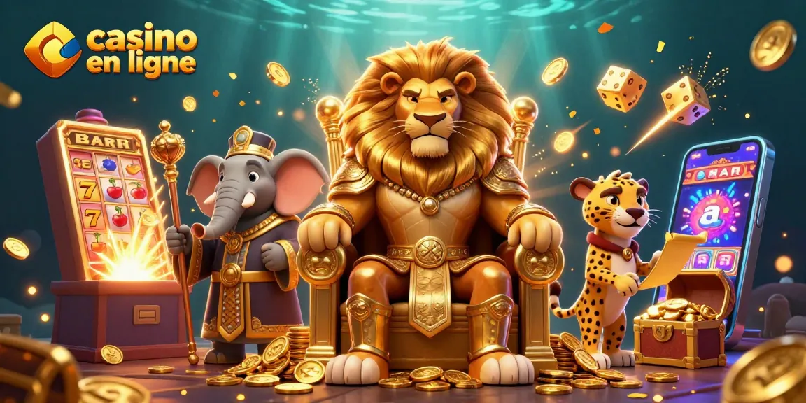 Casino en ligne : Illustration 3D dynamique avec un roi lion, un éléphant et un guépard au milieu de machines à sous et de pièces d'or.