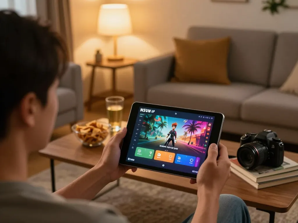 Engaging in NSFW games APK on a tablet in a cozy living room with a warm atmosphere.