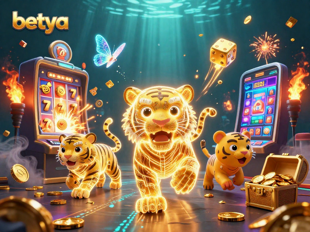 Engage in thrilling bets with betya's vibrant digital casino scene featuring golden tiger and jackpot elements.