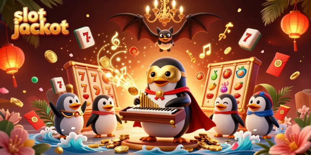 Engage in the thrill of slot jackpot with an exciting 3D illustration featuring cartoon characters and casino elements.