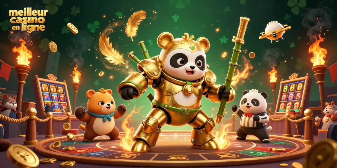 Visitez le meilleur casino en ligne avec cette illustration dynamique de combat entre un panda doré et ses rivaux.