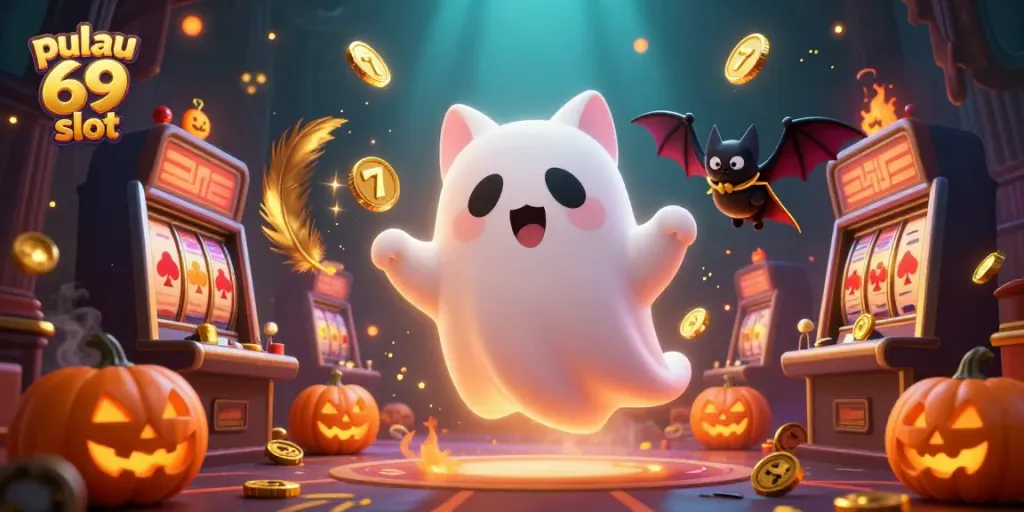 Experience the thrill of pulau 69 slot in a vibrant haunted casino scene with a ghost cat and jackpot excitement.