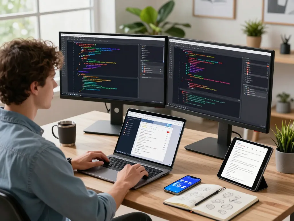Efficient workspace showcasing a developer coding while utilizing telegram 下载 for updates and communication, with modern tech and engaging setup.
