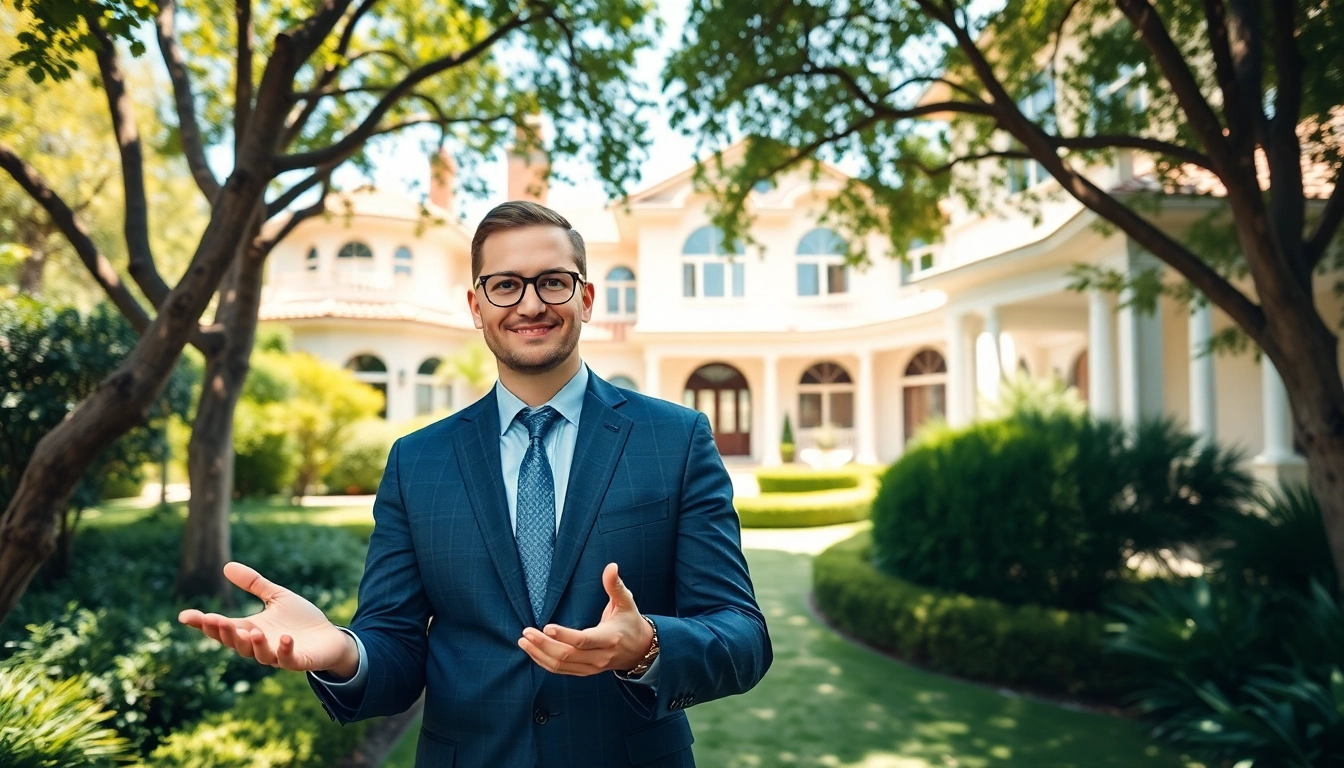 Real Estate agent showcasing a luxury property to clients in an elegant setting.