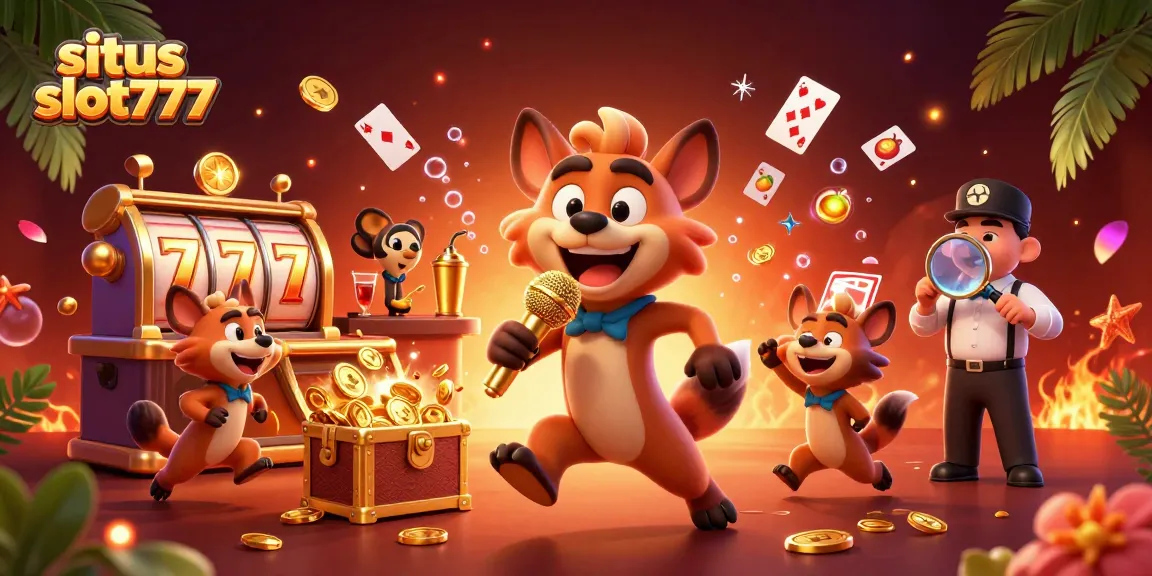 Engage with situs slot777 through a lively hyena comedy casino scene filled with gold coins and gaming action.