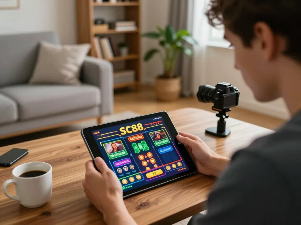 Experience engaging gameplay with SC88's online casino app in a cozy home setting.
