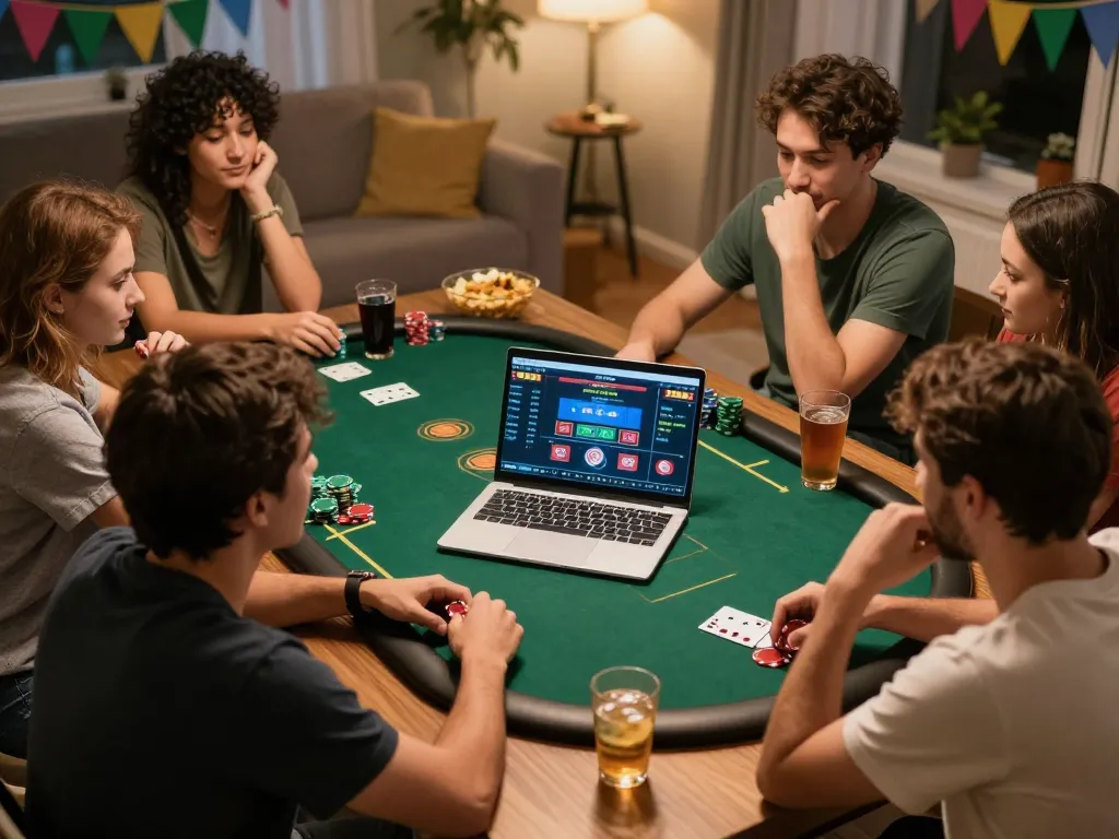 Engaged friends enjoying a poker game at home while exploring casino online stranieri sicuri for a fun evening