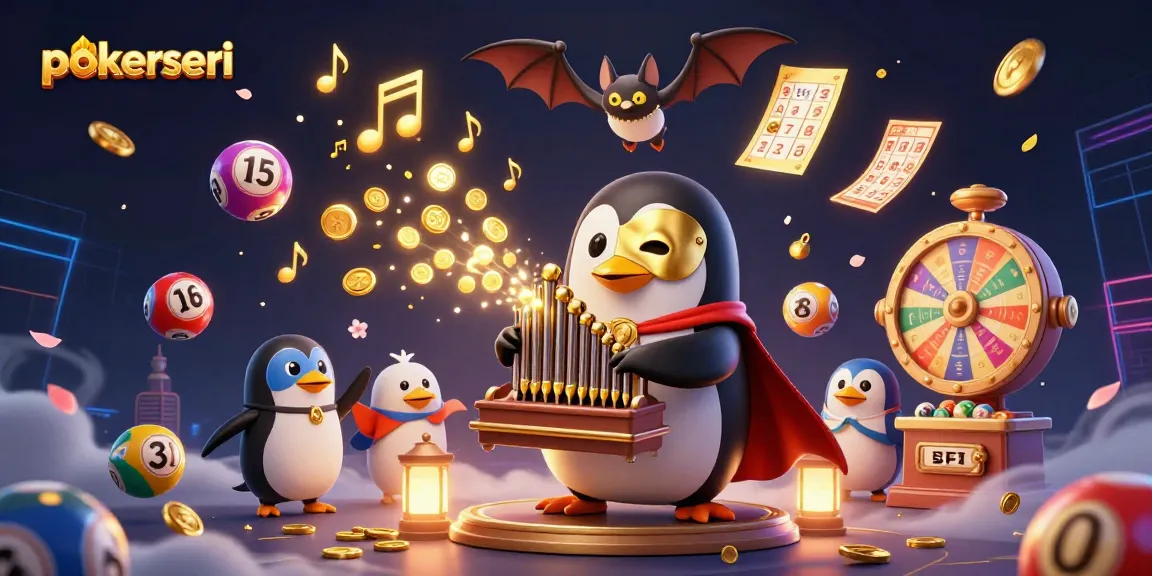 Engage in thrilling games at pokerseri with a penguin playing an organ surrounded by lottery excitement.