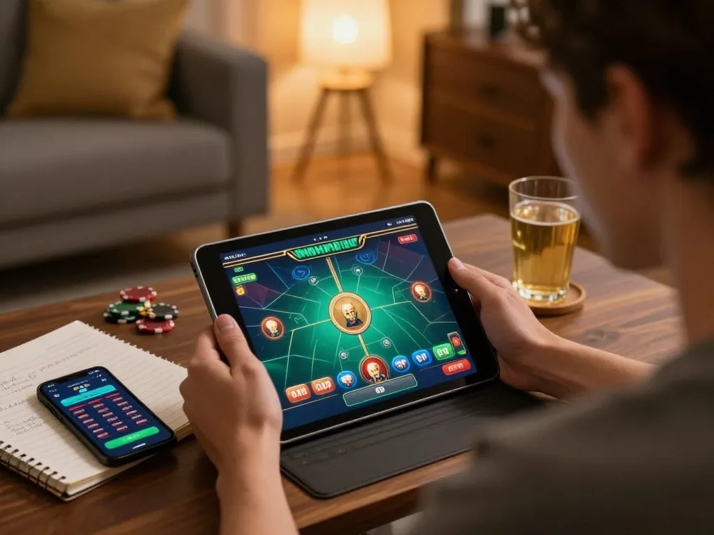 Engaging online gameplay scene with a player using sc88 casino app on a tablet while strategizing