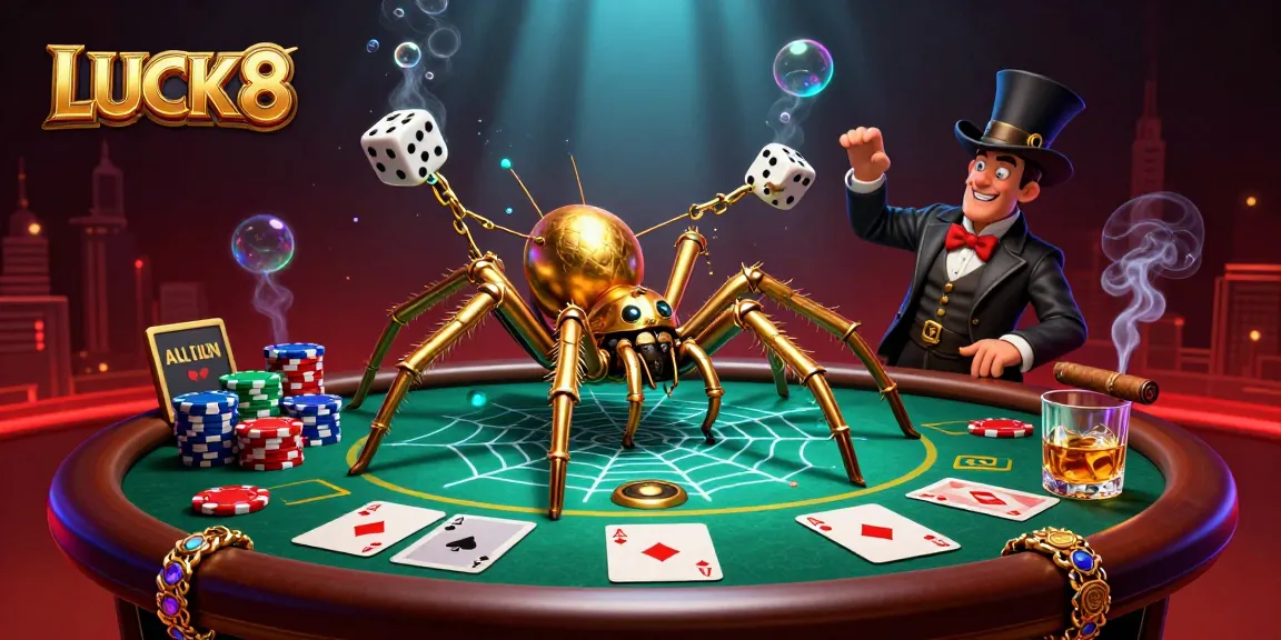 Engage with LUCK8 in a vibrant casino scene, featuring a golden steampunk spider and poker elements.