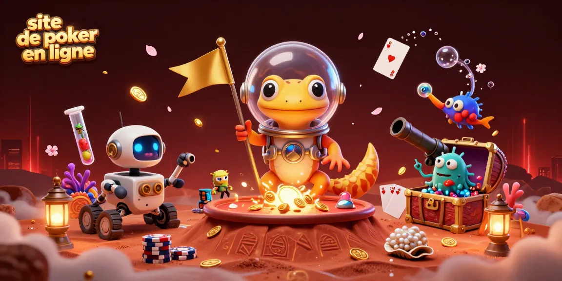 Le site de poker en ligne avec une illustration d'un gecko martien découvrant un casino doré sur Mars.