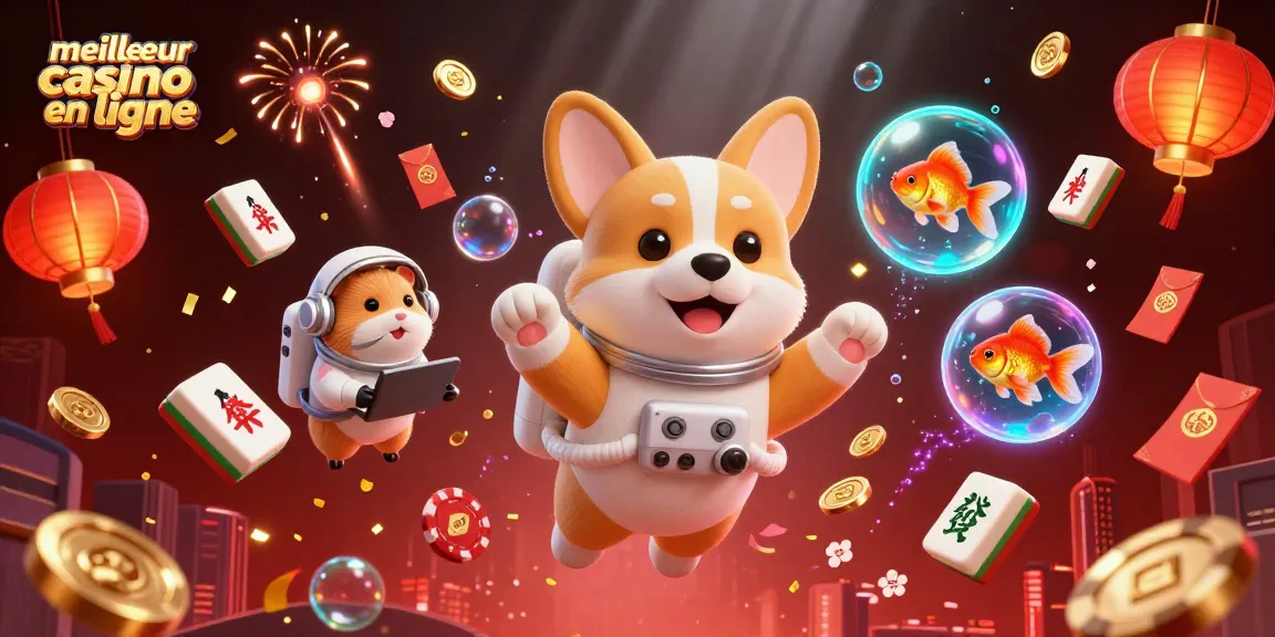 Découvrez l'univers du meilleur casino en ligne avec un corgi astronaute flottant et des jetons de poker scintillants.