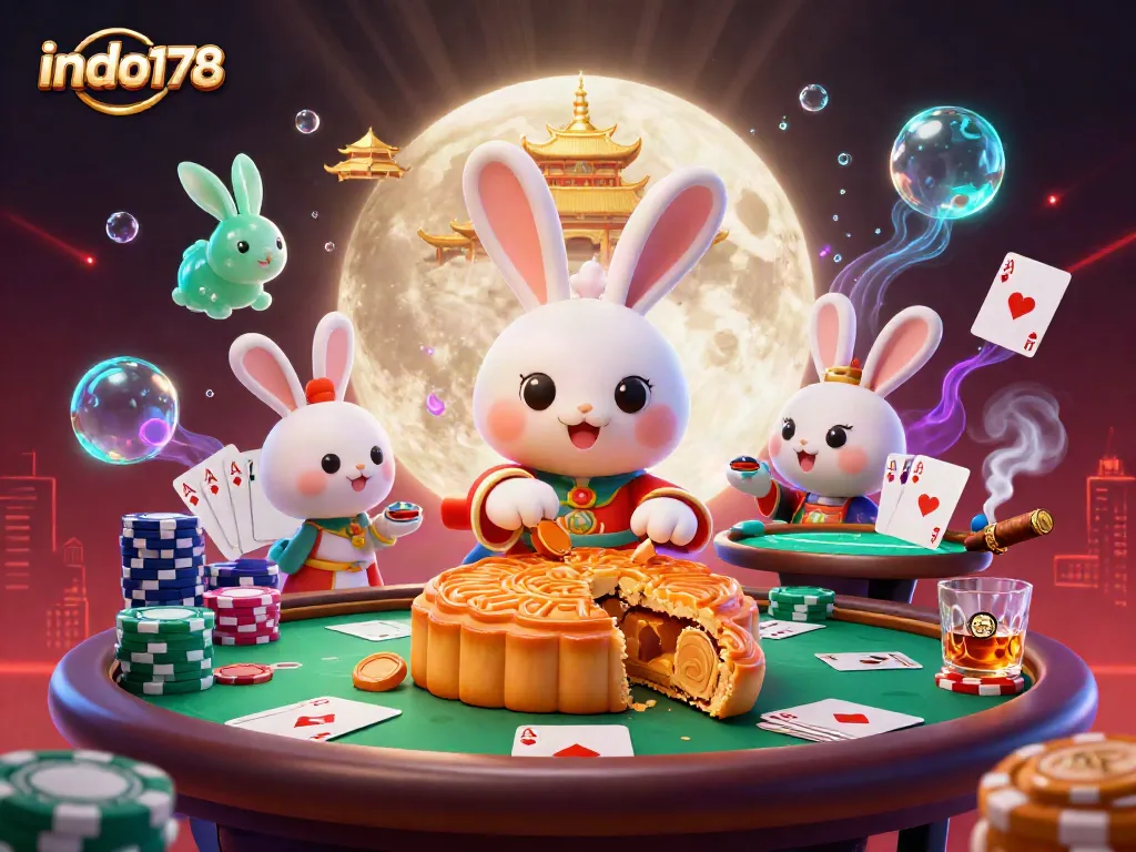 Experience gaming excitement with indo178 as poker chips emerge from mooncakes in a rich casino scene.