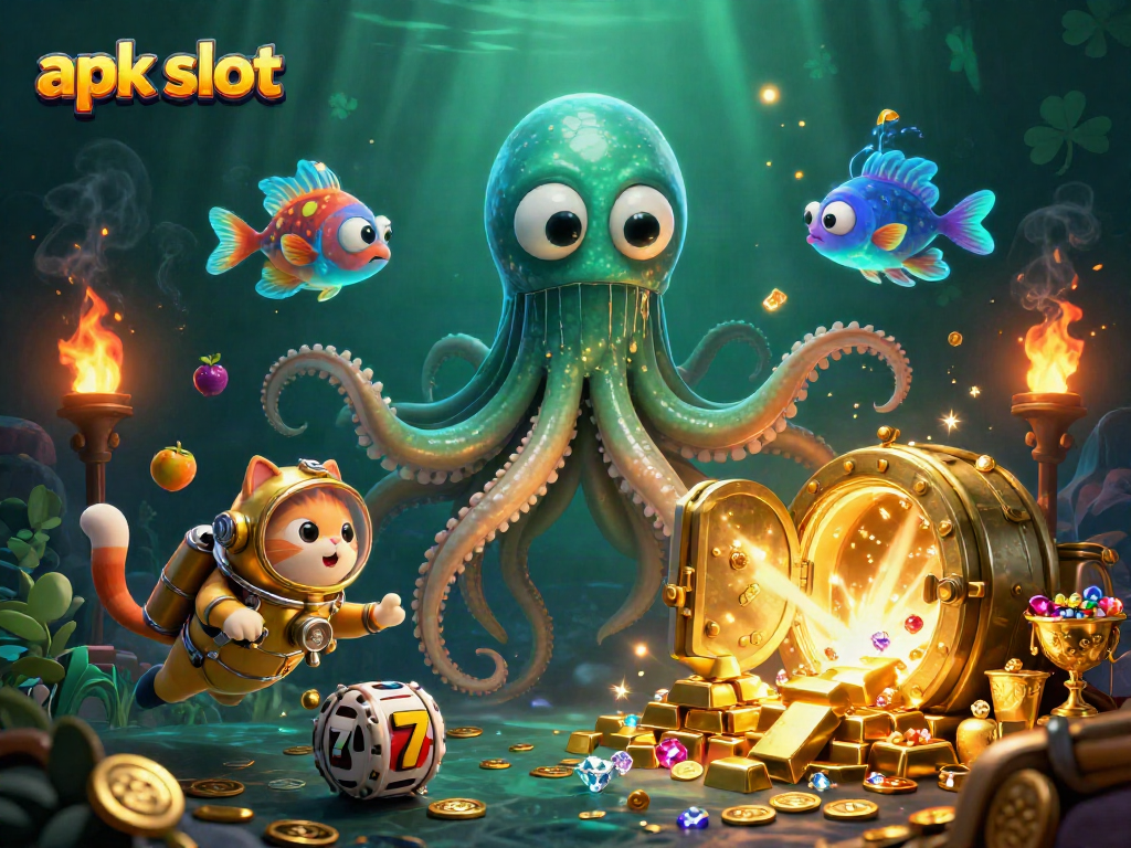 Spin to win with apk slot amidst a vibrant underwater scene featuring a kraken and diving cat.