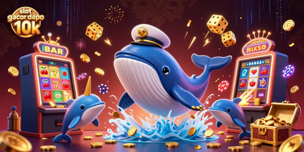 Slot gacor depo 10k menyajikan jackpot luar biasa di lautan koin, dengan simbol slot bermain.