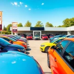 Exciting view of a car dealership to buy a car with various models on display in a welcoming atmosphere.