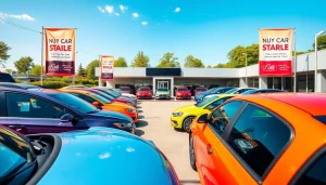 Exciting view of a car dealership to buy a car with various models on display in a welcoming atmosphere.