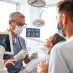 Dentist in a modern clinic interacting with a patient in a professional setting.
