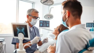 Dentist in a modern clinic interacting with a patient in a professional setting.