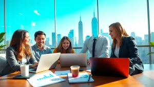 Engaged professionals collaborating for a free job post new york in a lively urban setting.