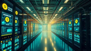 Modern Dogecoin cloud mining operation showcasing high-tech data centers and glowing displays.