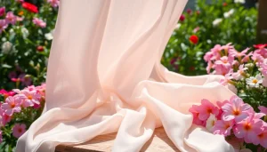 Bekijk de mousseline stof met delicate textuur in een zonnige tuinsetting.