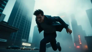 Exciting fast-paced thriller chase scene featuring a determined character on the run.