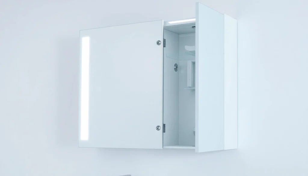 Spiegelschrank mit LED Beleuchtung in modernem Badezimmer mit stilvollem Design und praktischem Stauraum.