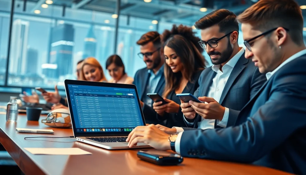 Engaging bettors examining options at the best sportsbooks in Brazil in a vibrant and modern setting.