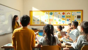 Engaged students interacting with tools promoting Education in a dynamic classroom setting.