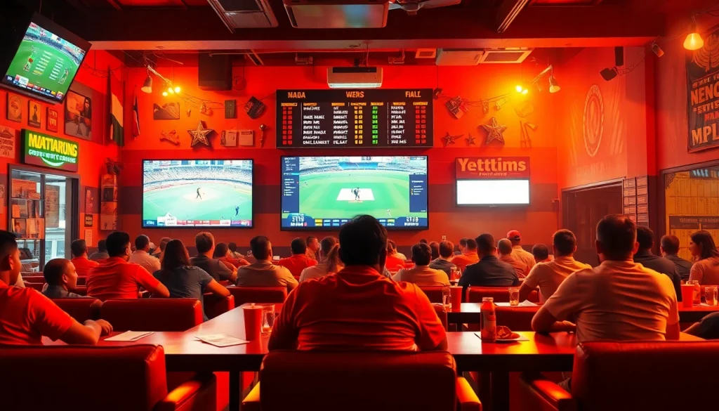 Explore the exciting world of sports betting in India, with fans cheering in a lively sports bar.