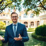 Real Estate agent showcasing a luxury property to clients in an elegant setting.