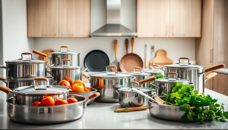 Showcase of cookware NZ with polished pots and pans in a stylish kitchen.